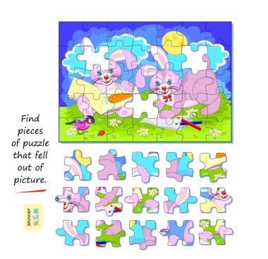 Çocuklar ve yetişkinler için mantık oyunu. Resmin dışına düşmüş yapboz parçalarını bul. Çocuk zeka kitabı için çağrı. Dikkatlilik için görev. Uzaysal düşünce geliştiriyorum. İnternette oyna. Vektör resmi.