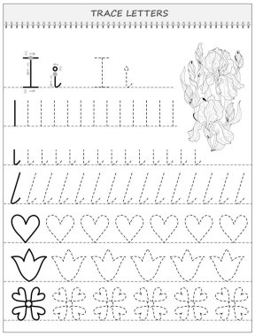 Çocuklar için eğitim sayfası. Çocuk okulu ders kitabı için siyah-beyaz çalışma kâğıdı. Yazma ve izleme becerileri geliştiriyorum. Online eğitim için çarşaf. Okula dönelim. Vektör resmi.