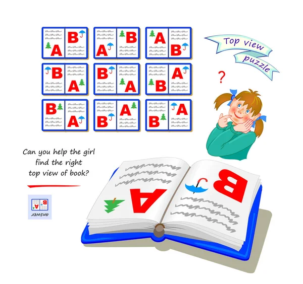 子供と大人のためのロジックパズルゲーム 女の子が本の右上のビューを見つけるのを助けることができますか 3D迷路 脳の先生の本のページ 空間思考を開発する Iqテスト オンラインでプレイ 平面ベクトル — ストックベクタ
