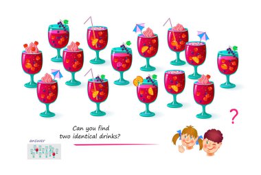 Logic puzzle for children and adults. Can you find two identical drinks? Page for kids brain teaser book. Task for attentiveness.  IQ test. Play online. Vector cartoon illustration. clipart