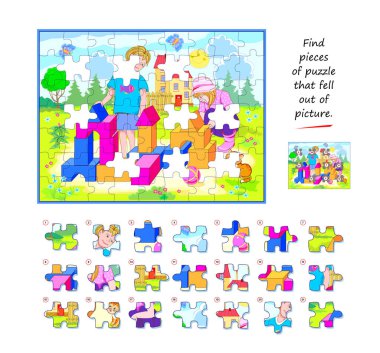 Çocuklar ve yetişkinler için mantık oyunu. Resmin dışına düşmüş yapboz parçalarını bul. Çocuk zeka kitabı için çağrı. Dikkatlilik için görev. Uzaysal düşünce geliştiriyorum. İnternette oyna. Vektör resmi.