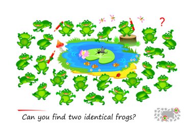 Logic puzzle for children and adults. Can you find two identical frogs? Page for kids brain teaser book. Task for attentiveness.  IQ test. Play online. Vector cartoon illustration.