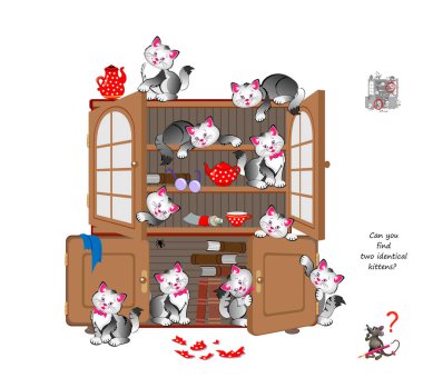 Logic puzzle for children and adults. Can you find two identical kittens? Page for kids brain teaser book. Task for attentiveness.  IQ test. Play online. Vector cartoon illustration.