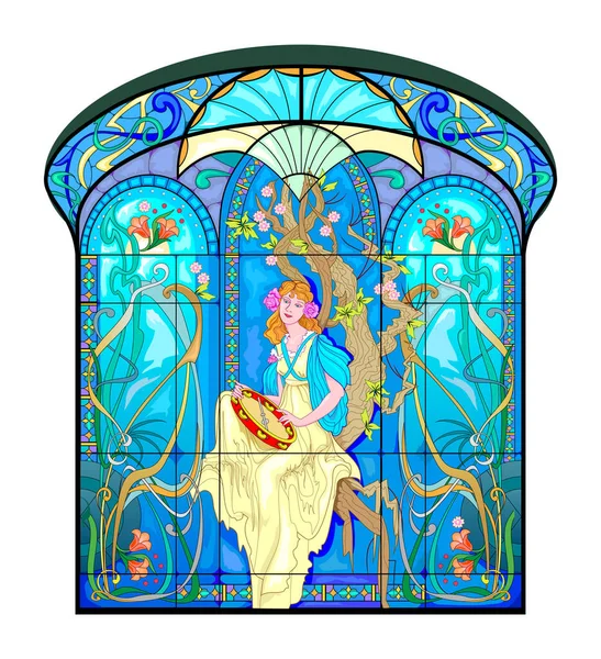 カラフルなアールヌーボーステンドグラスの窓 タンバリンを演奏する美しい少女のイラスト 建築様式の正統派 インテリアのためのデザイン 西ヨーロッパの建築 — ストックベクタ
