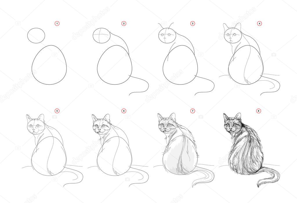 Pagina Mostra Come Imparare Disegnare Gatto Seduto Lezioni Disegno Matita -  Vettoriale Stock di ©Nataljacernecka 646327098