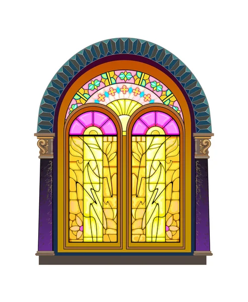 美しいカラフルなアールヌーボーステンドグラスの窓 高級インテリアのための排他的なオファー 建築様式の正統派 バナー 背景の装飾 西ヨーロッパの建築 — ストックベクタ
