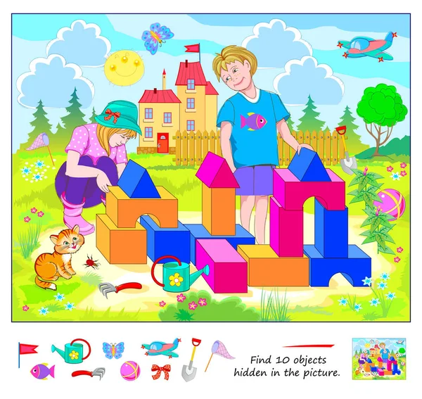 Finden Sie Objekte Versteckt Bild Logik Puzzle Für Kinder Und — Stockvektor