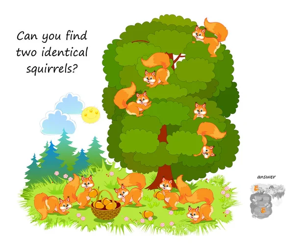 Logic Puzzle Children Adults Can You Find Two Identical Squirrels — Vector de stock