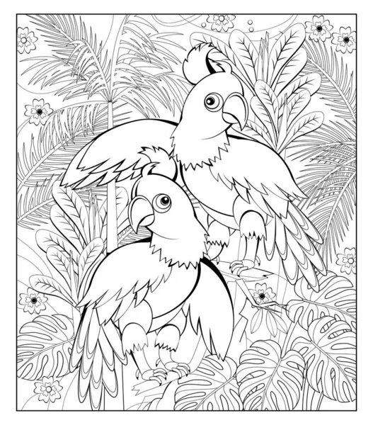 Coloring Book Children Adults Couple Cute Cockatoo Parrots Tropical Garden — Stock Vector