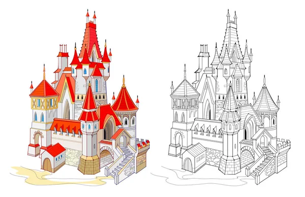 Modelo Colorido Preto Branco Para Colorir Ilustração Castelo Medieval Francês —  Vetores de Stock