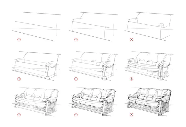 Page Zeigt Wie Man Lernt Das Bequeme Sofa Zeichnen Bleistiftzeichnen Vektorgrafiken