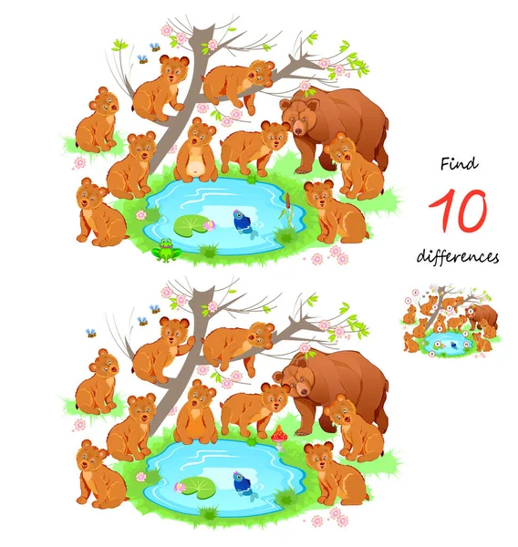 Najít Rozdílů Ilustrace Roztomilé Medvědí Rodiny Lesního Jezera Logická Puzzle — Stockový vektor