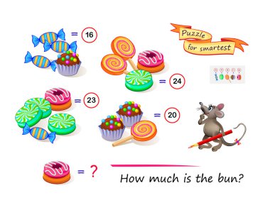 Zekiler için matematiksel mantık bulmacası oyunu. Çörek ne kadar? Örnekleri çöz ve sayıyı yaz. Tüm tatlılar için bir çözüm bul. Zeka oyunu kitabı. Say ve oyna. Online eğitim. Vektör resmi.