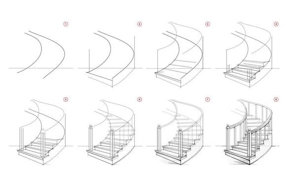 Página Mostra Como Aprender Desenhar Esboço Escadas Perspectiva Aulas Desenho —  Vetores de Stock