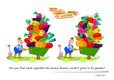 Logic puzzle for children and adults. Can you find what vegetable the second farmer could not grow in his garden? Educational game. Page for kids brain teaser book. Play online. Cartoon vector. clipart