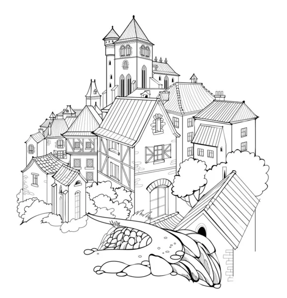Illustration Des Alten Mittelalterlichen Dorfes Märchenreich Schwarz Weiße Seite Für — Stockvektor