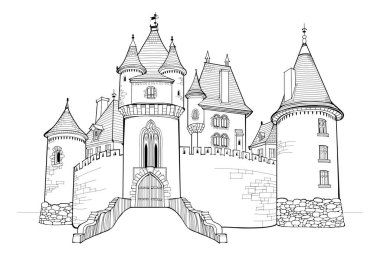 Illustration of ancient medieval castle. Fairyland kingdom. Black and white page for kids coloring book. Worksheet for drawing and meditation for children and adults. French architecture. Vector image