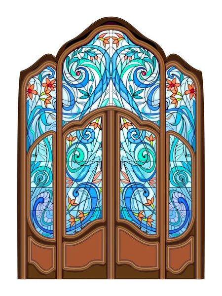 Krásné Secesní Dveře Barevnými Okny Exkluzivní Nabídka Luxusního Interiéru Jugendstil — Stockový vektor