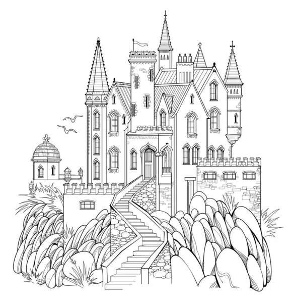 Illustration Der Antiken Mittelalterlichen Festung Märchenreich Schwarz Weiße Seite Für — Stockvektor