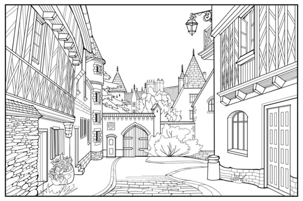 Illustration Einer Straße Einer Mittelalterlichen Französischen Stadt Märchenreich Schwarz Weiße — Stockvektor