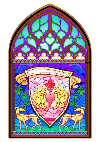 カラフルなステンドグラスの窓 ゴシック建築様式 腕のシンボルのケルトの家族の王室のコートと美しい装飾 フランスの建築 ヨーロッパの中世 ベクトル図 — ストックベクタ