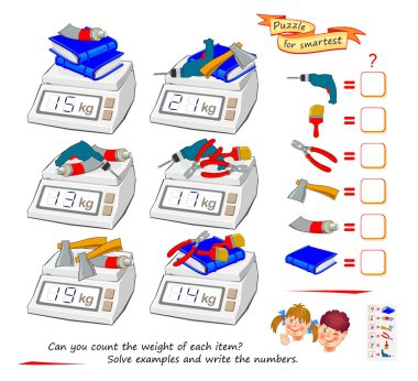 Mathematical logic puzzle game for smartest. Can you count the weight of each item? Solve examples and write the numbers. Find solution for all objects. Brain teaser book. Vector image. clipart
