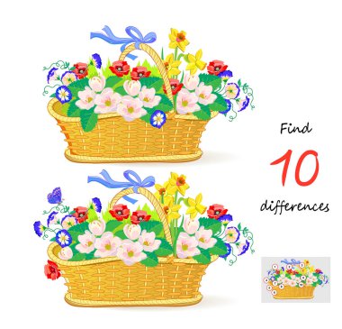 10 farklılık bul. Bahar çiçekleriyle dolu bir sepet. Çocuklar ve yetişkinler için mantıksal bulmaca oyunu. Çocuk zeka kitabı için çağrı. Sayma yeteneğini geliştiriyorum. Vektör çizimi.
