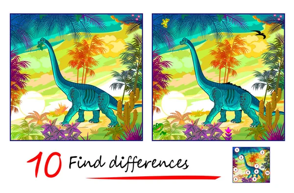 Encuentra Diferencias Ilustración Brontosaurio Selva Prehistórica Lógica Juego Puzzle Para — Vector de stock
