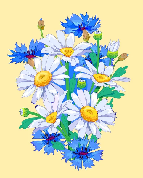 Krásná Letní Kytice Sedmikráskami Chrpy Pozadí Dekorativními Květinovými Motivy Luxusní — Stockový vektor