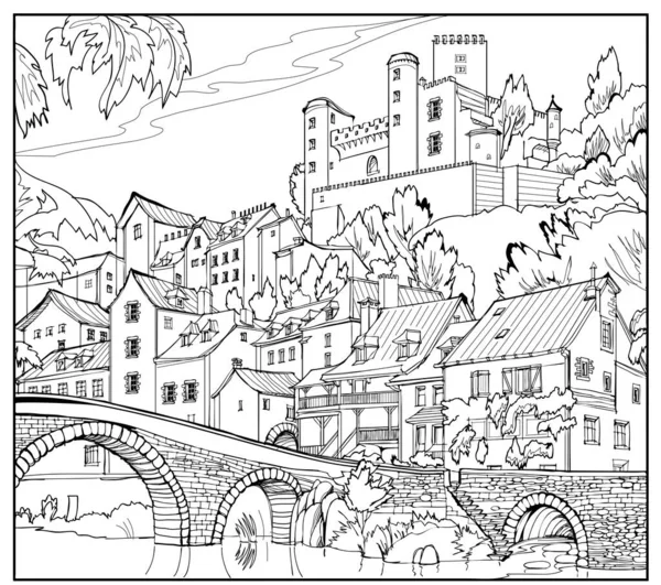Illustration Einer Alten Steinbrücke Einer Mittelalterlichen Französischen Stadt Märchenreich Schwarz — Stockvektor