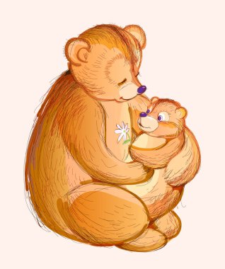 Sevimli ayı anne ve küçük bebek tasviri. Çocuk kitabı için basılabilir sayfa. Çocuklar için hayvanlar. Kırpma sanatı çizgi film vektörü.