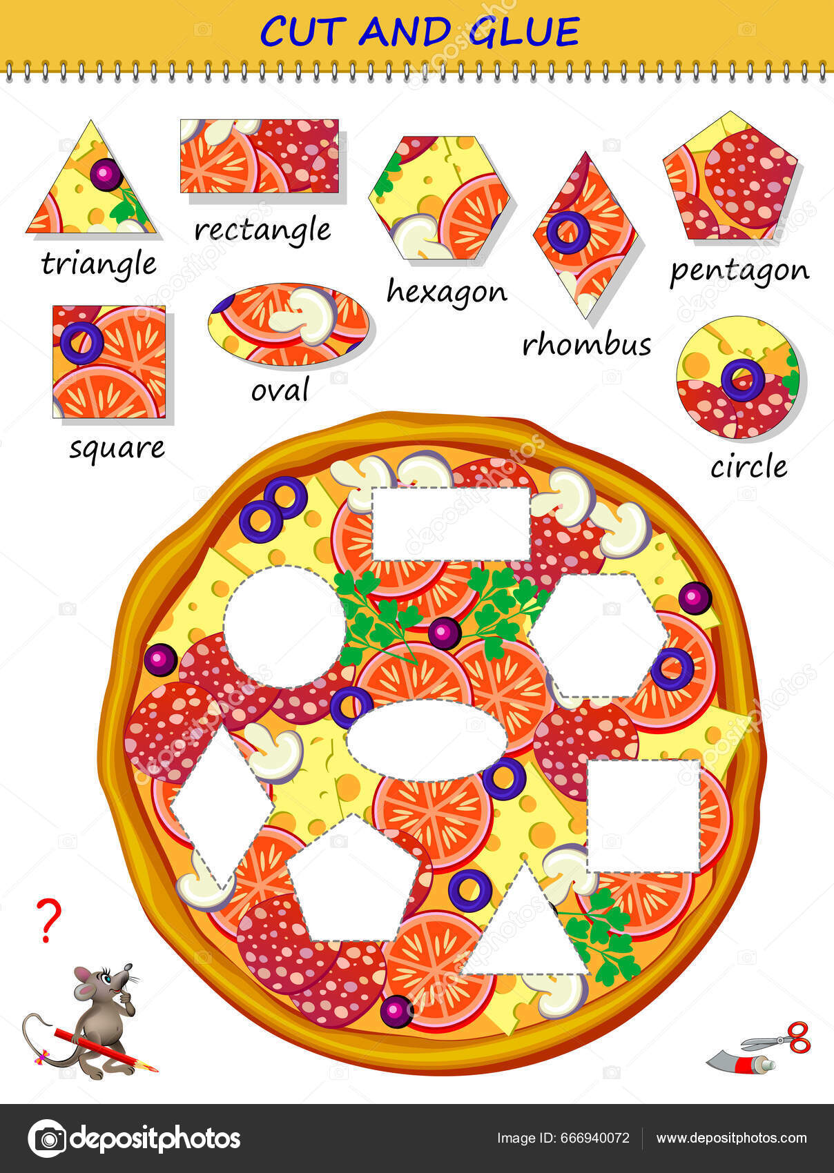 儿童教育网页用剪刀剪断和粘贴美味的披萨学习几何图形给孩子们带数学练习的可打印页面逻辑拼图游戏切割和手工技能图库矢量图©Nataljacernecka  666940072, image size:1208x1700