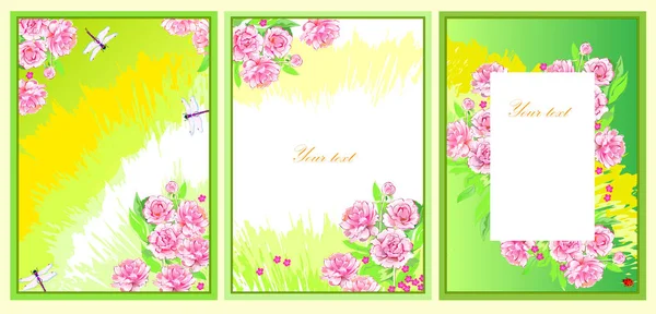 Conjunto Tarjetas Felicitación Ilustración Prado Con Hermosas Flores Primavera Diseño — Vector de stock