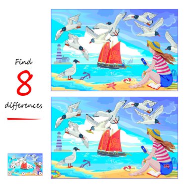 8 farklılık bul. Deniz kıyısında oturan bir kızın tasviri. Çocuklar ve yetişkinler için mantıksal bulmaca oyunu. Çocuk zeka kitabı için çağrı. Sayma yeteneğini geliştiriyorum. Vektör çizgi filmi çizimi.