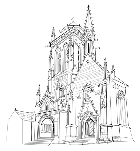 Illustration Einer Alten Steinernen Kathedrale Einer Mittelalterlichen Französischen Stadt Märchenreich — Stockvektor