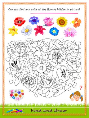 Educational page for little children. Can you find and color all the flowers hidden in picture? Logic puzzle game. Coloring book. Worksheet for kids school textbook. Vector cartoon illustration. clipart