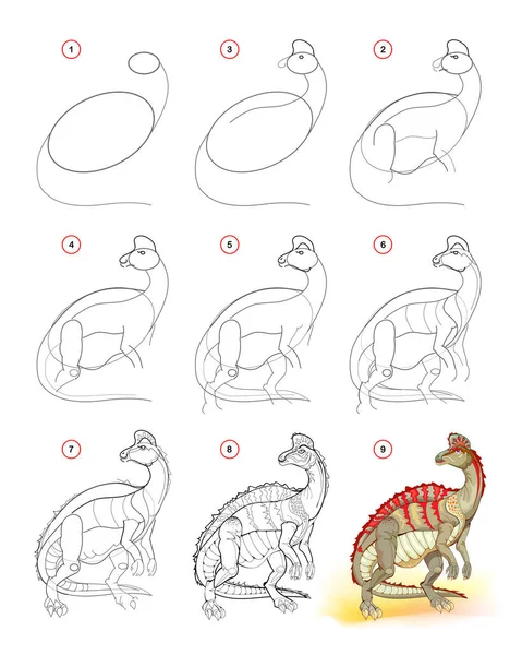 Hur Man Ritar Corythosaurus Utbildningssida För Barn Skapande Steg För — Stock vektor