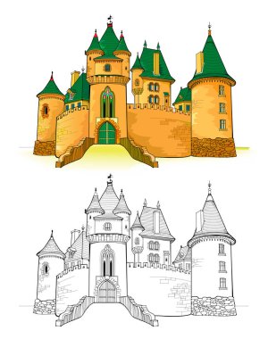 Colorful and black and white template for coloring. Fantasy illustration of a medieval French castle. Ancient architecture. Worksheet for coloring book for children and adults. Flat cartoon vector. clipart