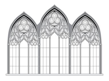 Boyama kitabı için siyah beyaz çizim. Fransız kilisesinin gotik vitray penceresi. Batı Avrupa 'da ortaçağ mimarisi. Eğitim sayfası. Çocuklar için boyama sayfası. Vektör resmi.