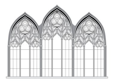 Black and white drawing for coloring book. Gothic stained glass window from French church. Medieval architecture in western Europe. Educational page. Coloring page for children. Vector image. clipart