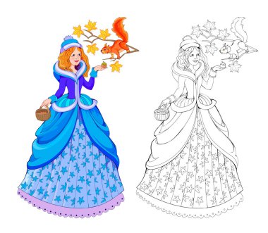 Çocuk boyama kitabı için renkli, siyah ve beyaz çizimler. Küçük güzel prensesin sincaba fındık verdiği bir resim. Çocuklar ve yetişkinler için çalışma tablosu. Vektör karikatür resmi.