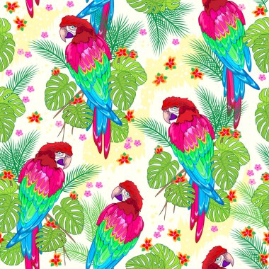 Kusursuz desenli süs. Yağmur ormanlarının tropikal ormanlarında güzel papağanlar resmedilmiş. Duvar kâğıdı, kumaş, dekorasyon ve giysiler için klasik bir arka plan. Vektör illüstrasyonu.