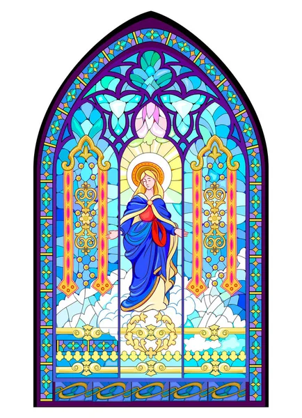 Schöne Bunte Mittelalterliche Glasfenster Gotischer Baustil Illustration Der Jungfrau Architektur — Stockvektor