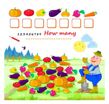 Çocuklar için matematik eğitimi. Çiftçiye bahçesinden ne kadar sebze topladığını saymasında yardım edebilir misin? Numaraları yaz. Çocuk faaliyet listesi. Eğitici bir oyun. Vektör illüstrasyonu.