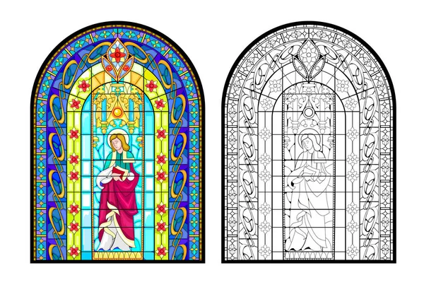 Bunte Und Schwarz Weiße Illustration Eines Gotischen Glasfensters Mit Dem — Stockvektor