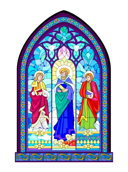Schöne Bunte Mittelalterliche Glasfenster Gotischer Baustil Christlicher Schmuck Mit Heiligen — Stockvektor