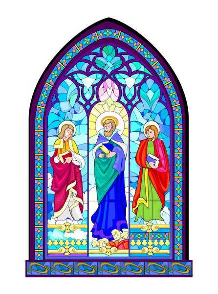 Beautiful colorful medieval stained glass window. Gothic architectural style. Christian decoration with holy Apostles. Architecture in France churches. Middle ages in Western Europe. Vector drawing.