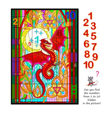 Mantık bulmacası oyunu. Küçük çocuklar için matematik eğitimi. Resimde 1 'den 10' a kadar olan sayıları bulabilir misin? Sayma becerileri geliştiriyorum. IQ testi. İnternette oyna. Çocuklar için yazdırılabilir çalışma tablosu.