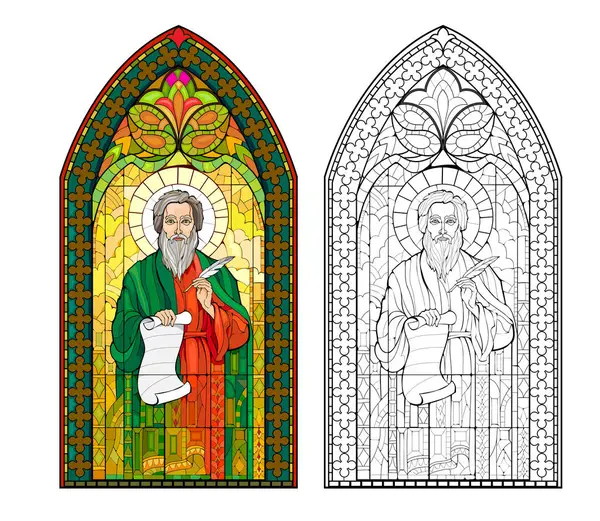 Colorful and black and white illustration of Gothic stained glass window with John the Apostle. Coloring book for children and adults. Medieval architectural style in Western Europe. Vector image.
