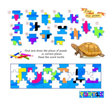 Çocuklar için eğitici bir oyun. Bulmacanın parçalarını doğru yerlerde bul ve çiz. Kaplumbağa kelimesini oku. Çocuk zeka kitabı için çağrı. Boyama kitabı. Uzaysal düşünce geliştiriyorum. Vektör resmi.